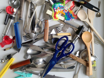 High angle view of objects in drawer