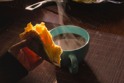 High angle view of breakfast on table