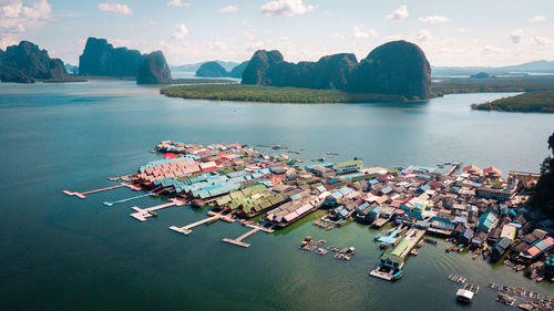 High angle view of commercial dock against sky