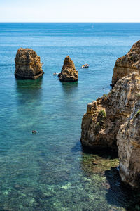 Scenic view of rocks in sea against sky