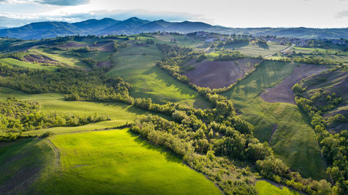 Scenic view of field and mountains against sky