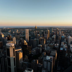 High angle view of city at sunset