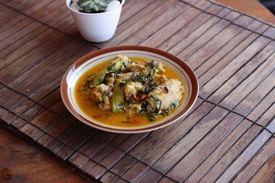 High angle view of soup in bowl on table