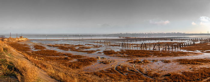 Salty drying lake kuyalnik near odessa, ukraine, on a cold winter morning