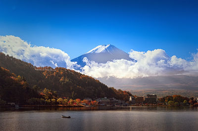 Scenic view of snowcapped mountains against clear blue sky