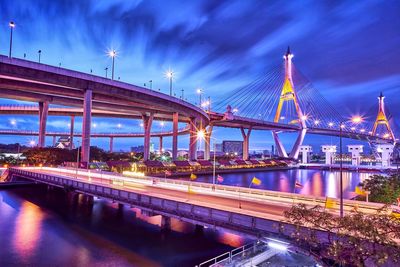 View of bridge over river at night