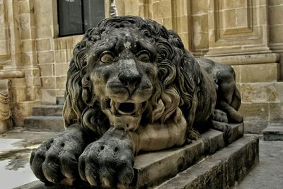 Old lion statue outside historic building