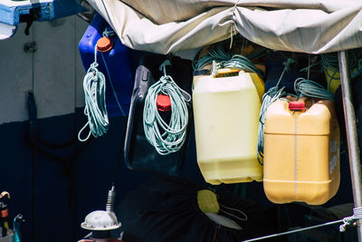 Close-up of clothes hanging in market