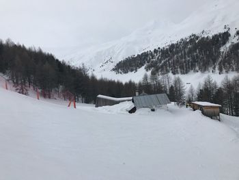 Scenic view of snow covered mountains against sky