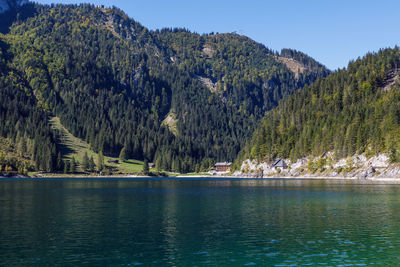 Scenic view of lake by trees against sky