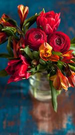 High angle view of fresh flowers bouquet in vase at table