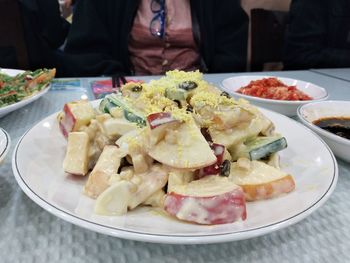 Close-up of food served on table