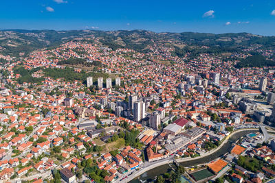 High angle shot of townscape against sky