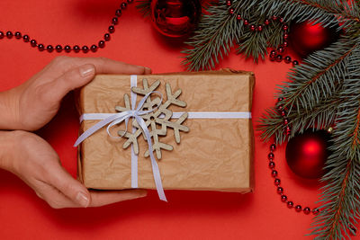 Cropped hand of woman holding christmas tree