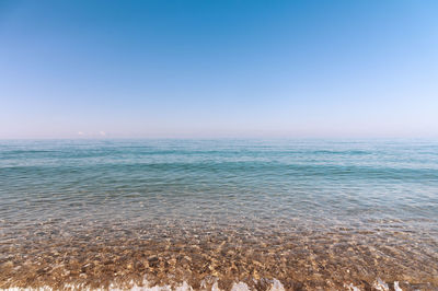 Panorama of the beautiful calm transparent sea of blue color without clouds