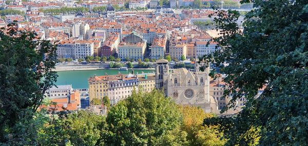 High angle view of buildings in city
