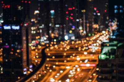 Defocused image of illuminated cityscape at night