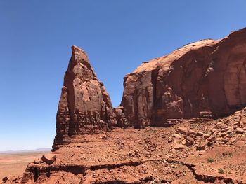 Panoramic view of rock formations against clear blue sky