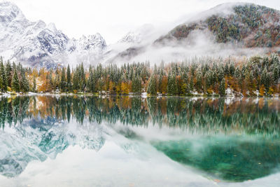 Scenic view of lake by snowcapped mountains during winter