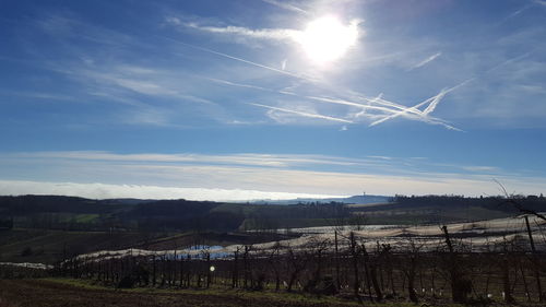 Scenic view of farm against sky