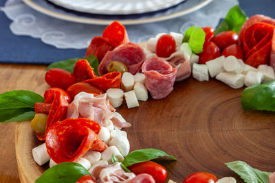 Italian charcuterie wreath with prosciutto, mozzarella, tomato, basil, salami, and olives