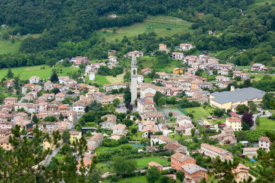 High angle view of townscape and trees