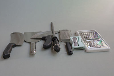 High angle view of objects on table against white background