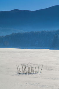 Scenic view of snow on beach against blue sky