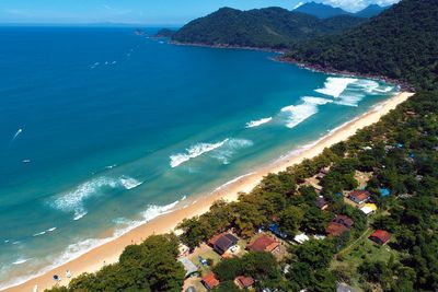 High angle view of sea and mountains