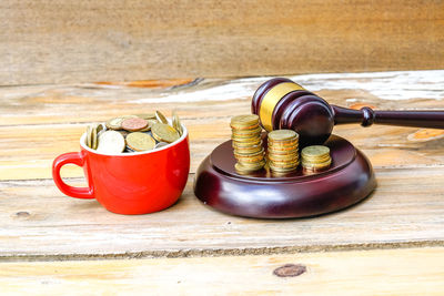 Close-up of coins on table