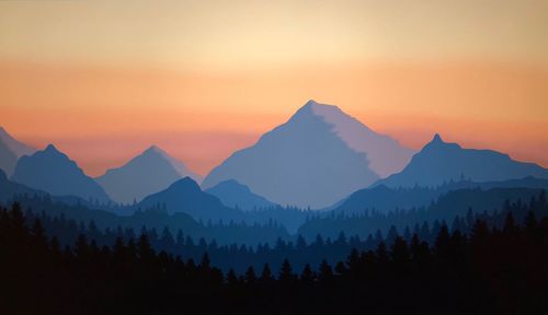 Scenic view of mountains against sky during sunset