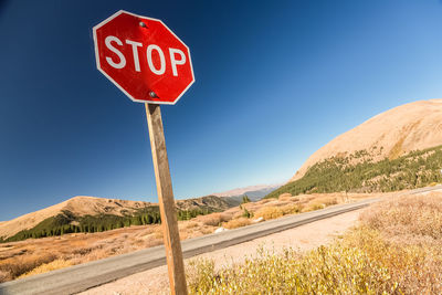 Road sign against clear blue sky