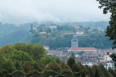 High angle view of buildings against sky