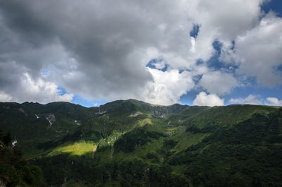 Scenic view of mountains against cloudy sky