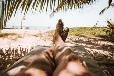 Low section of man lying on beach during sunny day