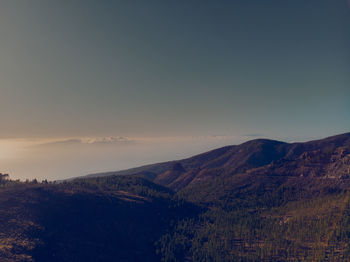 Scenic view of mountains against sky during sunset