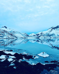 Scenic view of snowcapped mountains against sky in lofoten, norway