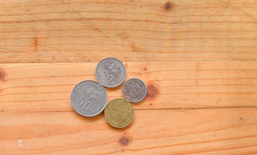 High angle view of coins on table