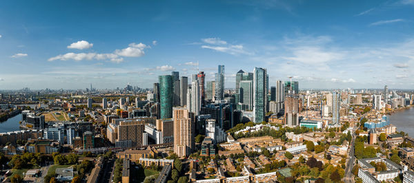 Aerial panoramic skyline view of canary wharf, the worlds leading financial district in london, uk.