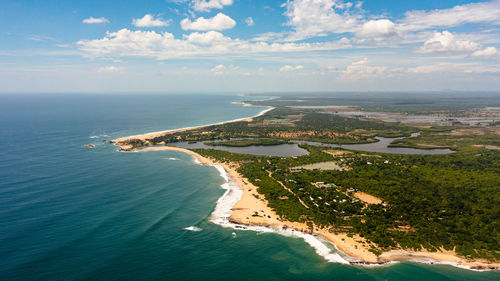 Aerial drone of coast of sri lanka island with a beach and ocean. 