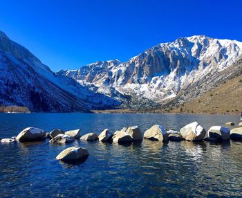 Scenic view of lake and snowcapped mountains against clear blue sky