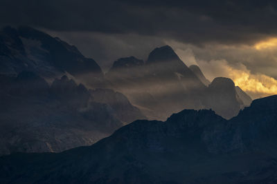 Scenic view of snowcapped mountains against sky during sunset