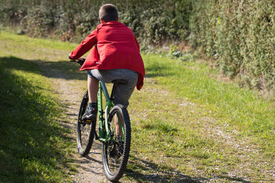 Rear view of boy riding bicycle