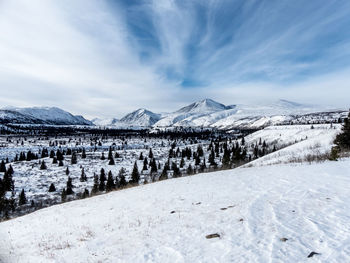 Scenic view of mountains against sky during winter