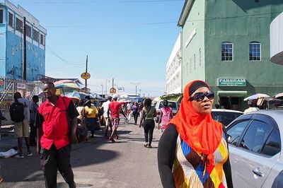 People walking on city street