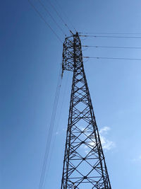 Low angle view of electricity pylon against clear blue sky