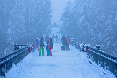 People on snow covered bridge amidst trees