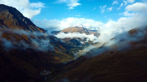 Panoramic view of snowcapped mountains against sky