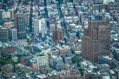 High angle view of modern buildings in city