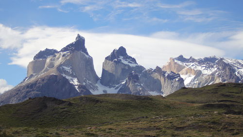 Scenic view of mountains against cloudy sky